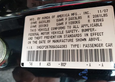 2008 Honda Accord 2.4 Ex из США, поврежденный, VIN 1HGCP26768A044083